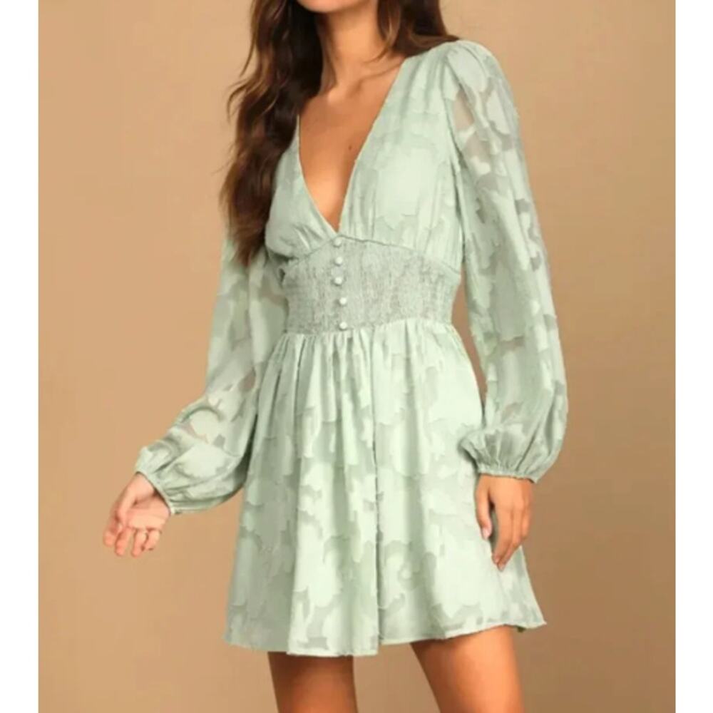 New Lulus NW Tomorrow & Always Light Sage Green Burnout Floral Mini Dress Large